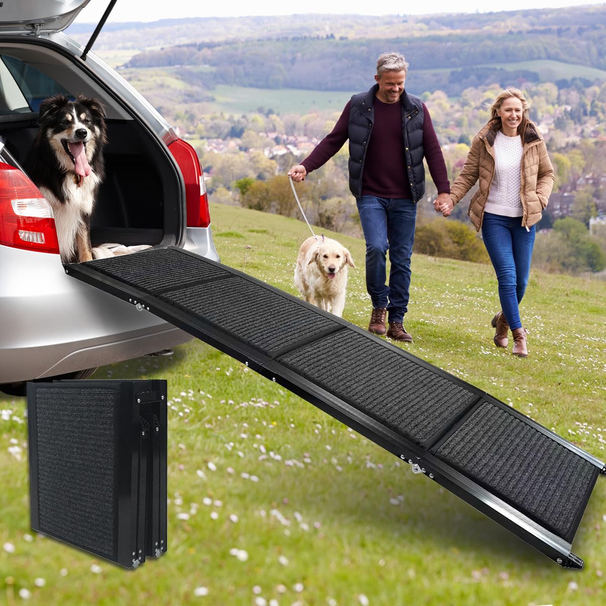 Extra Wide Dog Ramp for Large Dogs, 65" Foldable Aluminum Pet Car Ramp with Non-Slip Loofah Surface, 4-Fold Portable Dog Ramp for SUV Trucks High Beds, Joint-Friendly Gentle Incline