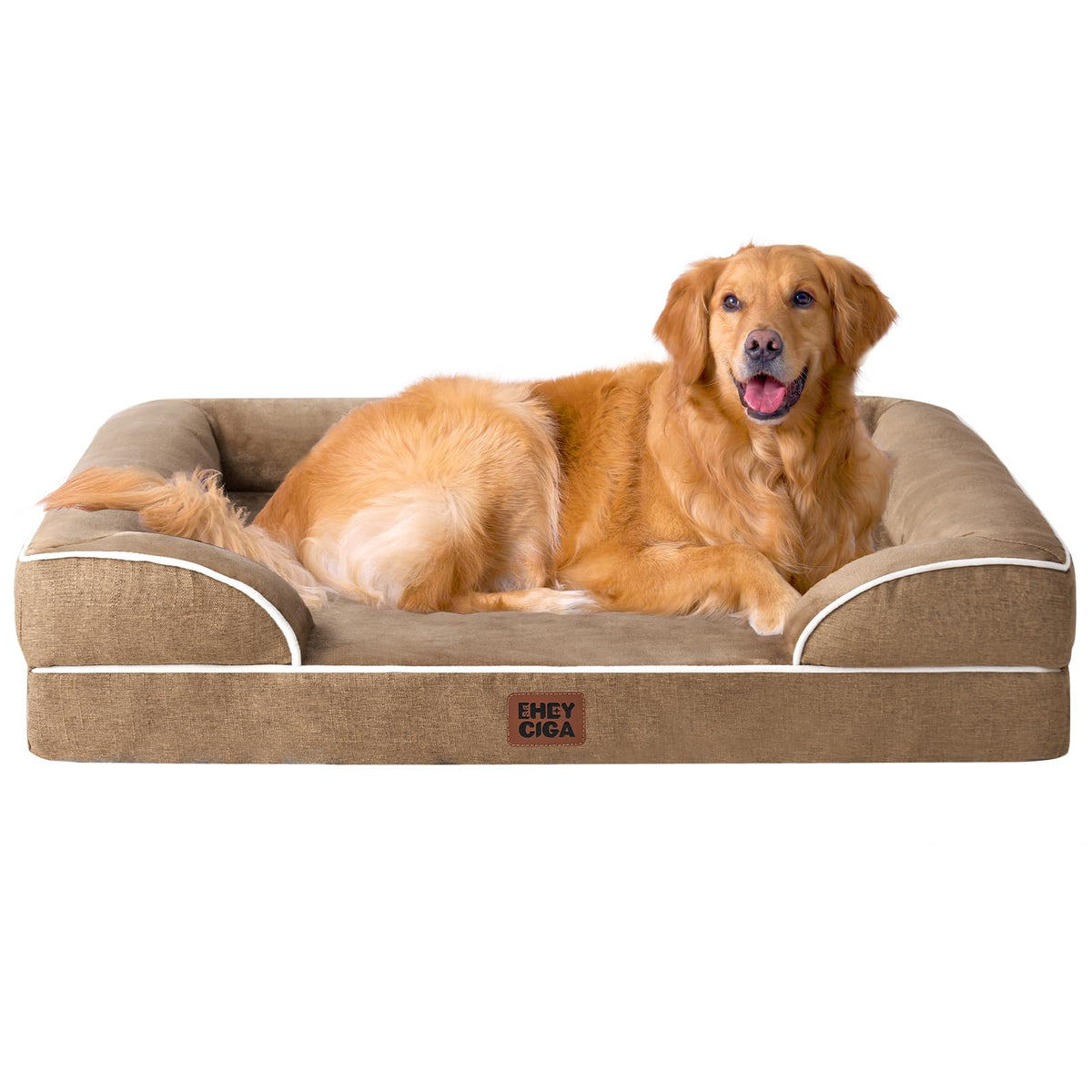 EHEYCIGA Orthopedic Dog Beds for Extra Large Dogs, Waterproof Memory Foam XL Dog Bed with Sides, Non-Slip Bottom and Egg-Crate Foam Big Pet Couch Bed with Washable Removable Cover, Camel