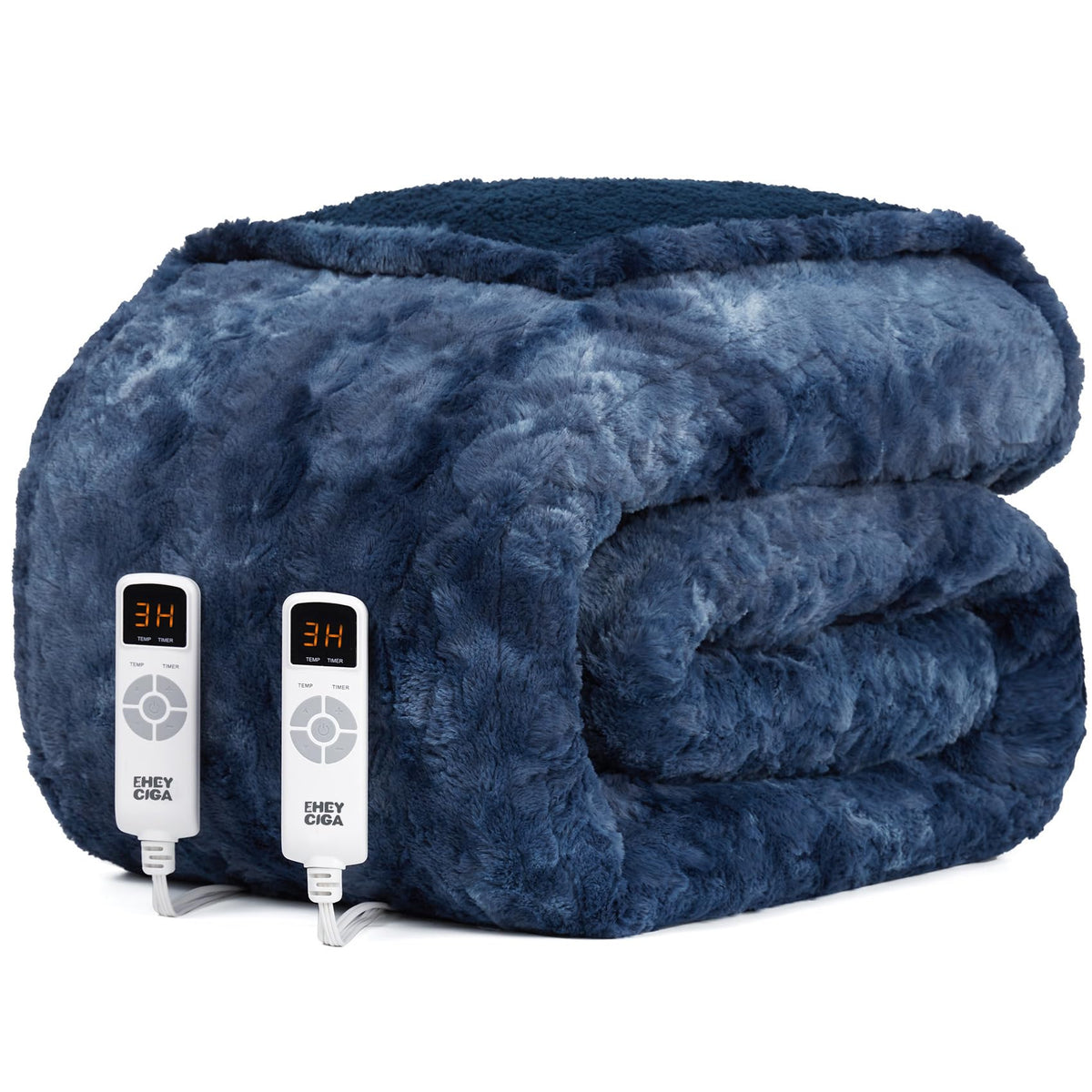 EHEYCIGA Electric Heated Blanket Queen Size Faux Fur, 10 Hours Auto Shut Off 9 Heating Levels Heating Blanket with Dual Control, Soft Warm Heated Blanket Fast Heating Navy Blue, Faux Fur & Sherpa